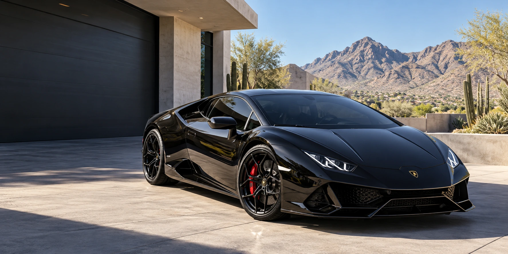 Illustrative glossy black exotic supercar outside a sunlit Arizona villa