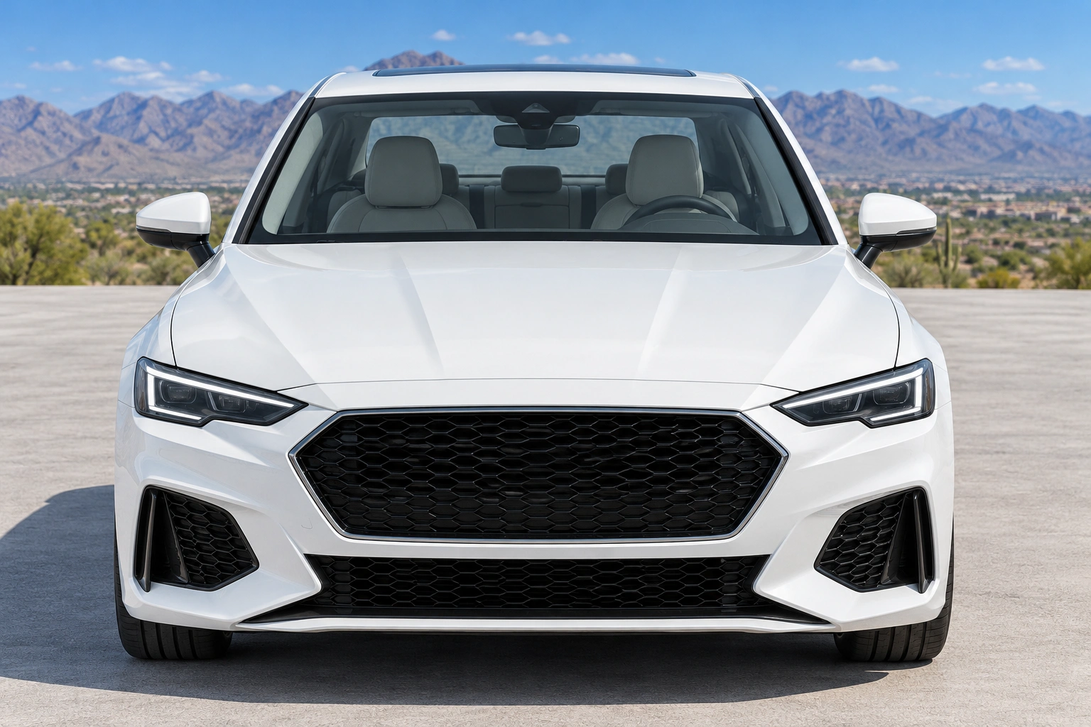 Illustrative front view of a white sedan