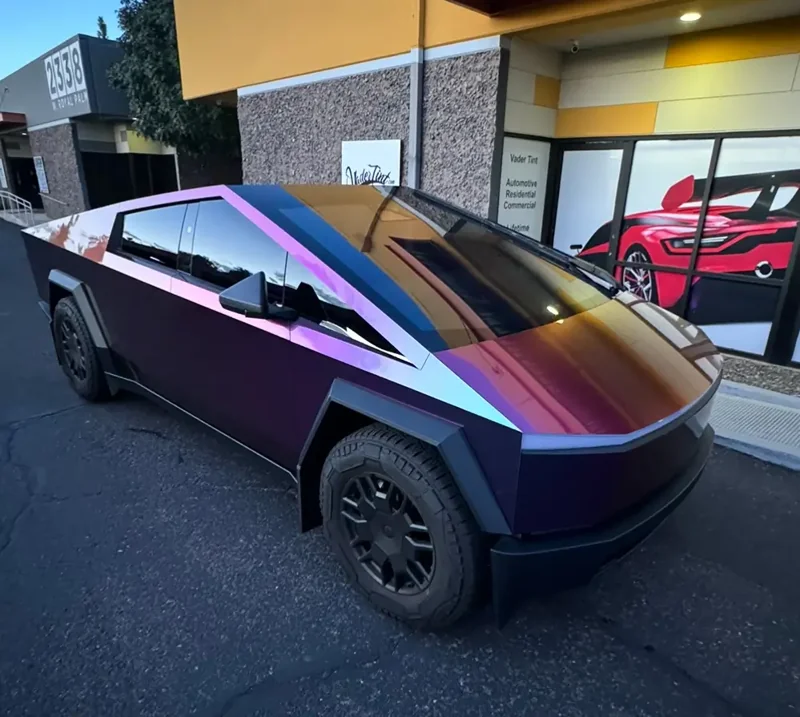 Color-shift Tesla Cybertruck outside the Vader Tint shop